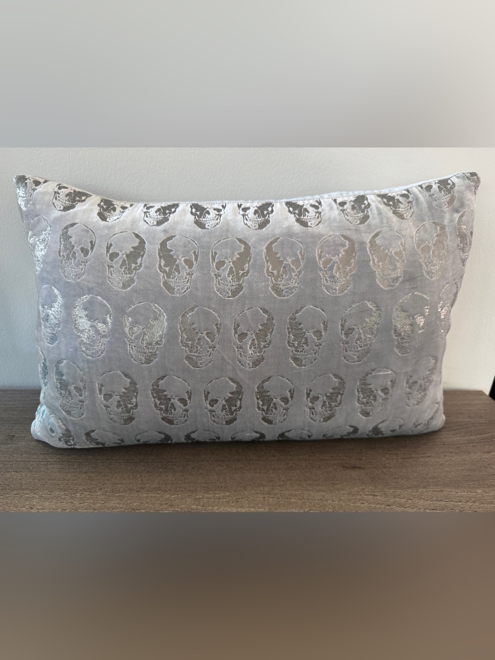 IGE Grey Velvet Metallic Skull Pillow. 11x18. A+ Condition. Down Interior.